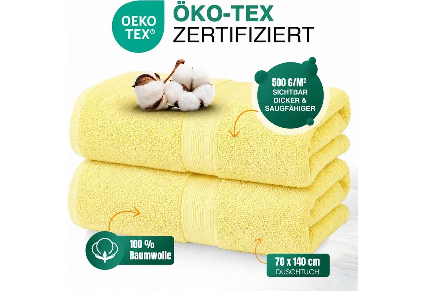leevitex® Duschtücher 2er-Set 70x140 cm Gelb 100% Baumwolle Frottee - Bild 4