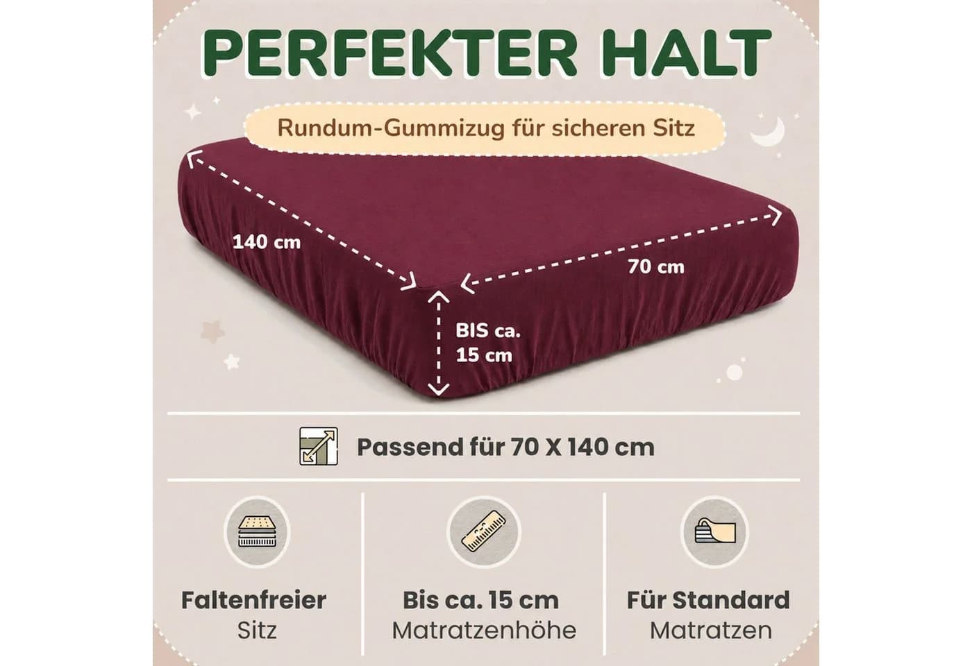leevitex® Spannbettlaken Jersey 100% Baumwolle Bordeaux 70x140 cm - Bild 3