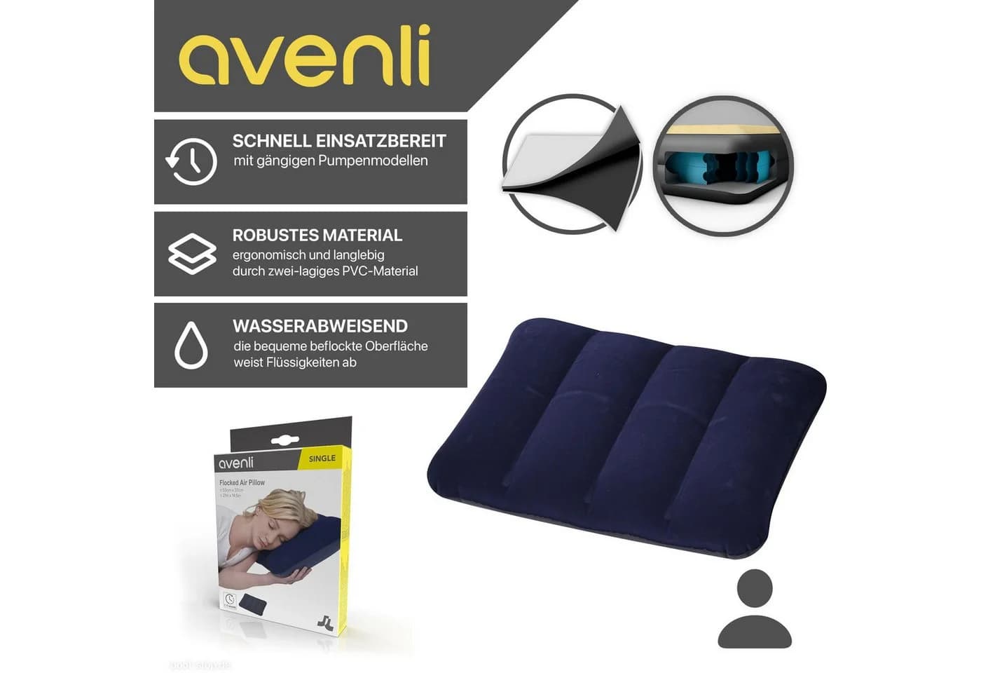 Avenli Reisekissen Aufblasbares Kopfkissen 48x34x12 cm - Bild 4