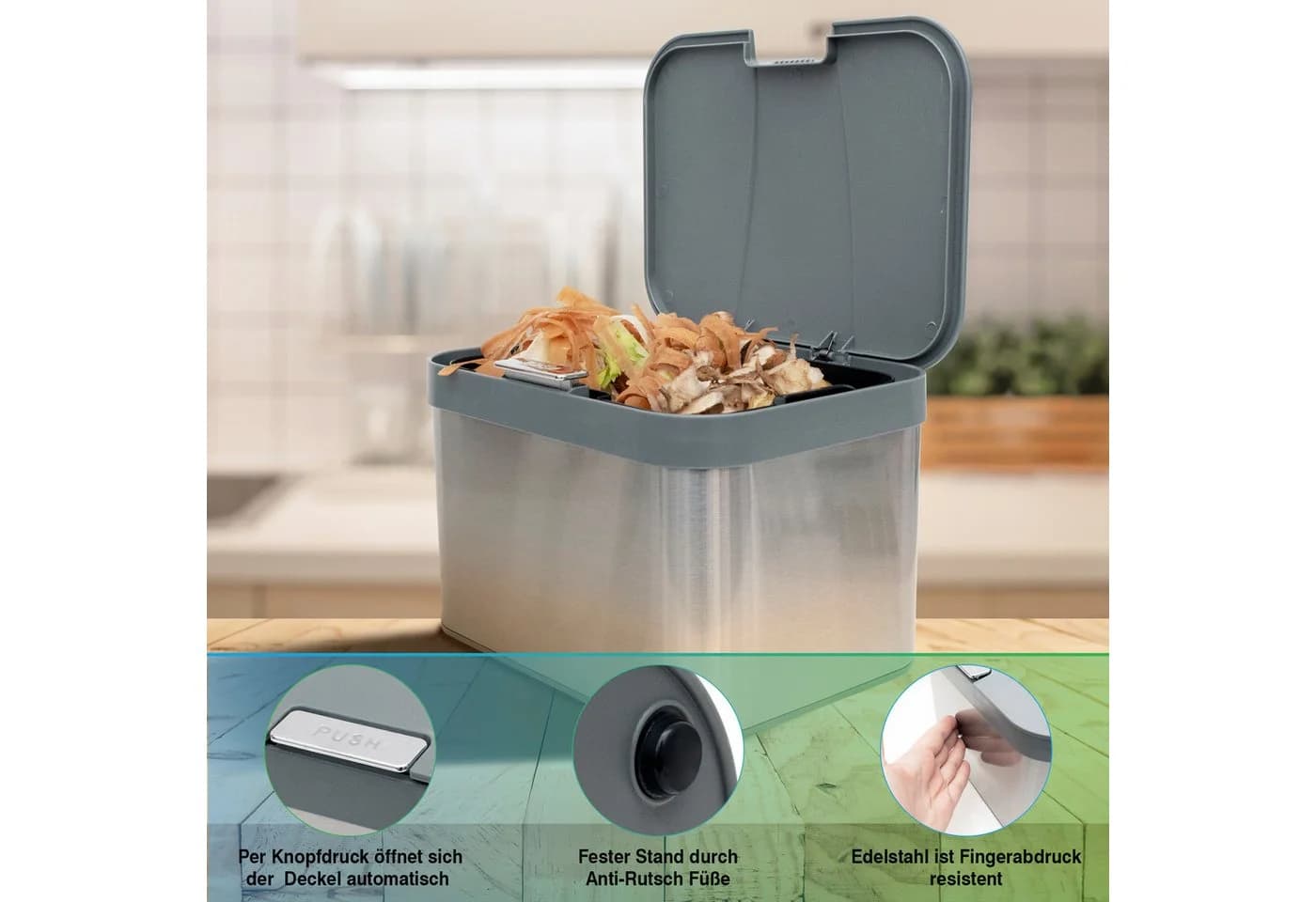 YourCasa Biomülleimer Edelstahl 4,3L mit Knopfdruck - Bild 5