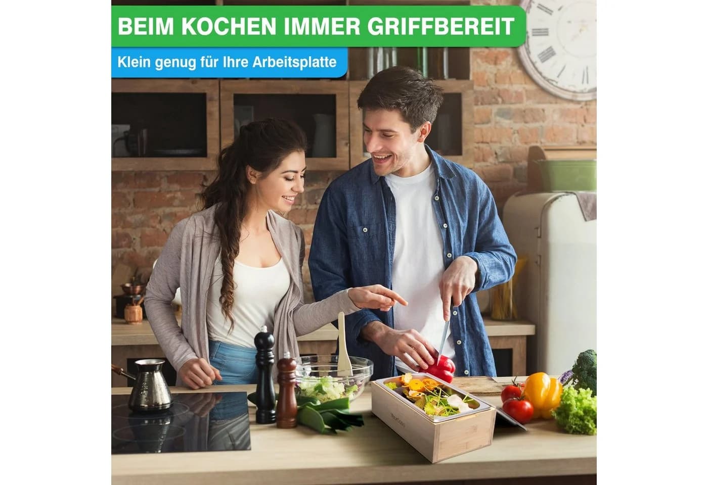YourCasa Biomülleimer Küche Bambus & Edelstahl 4l