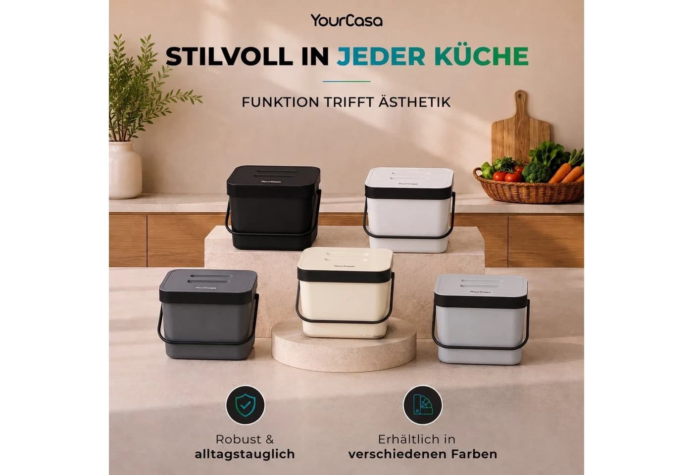 YourCasa Biomülleimer Küche 7L Weiß mit Halterung, Sieb und Deckel - Bild 4