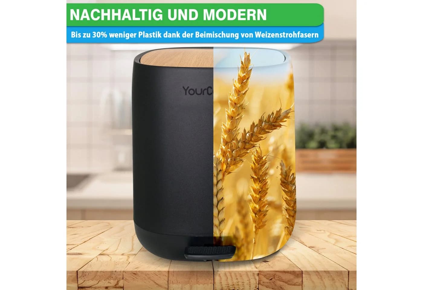 YourCasa Mülleimer Bad 5L Schwarz Kunststoff Weizenstroh - Bild 3