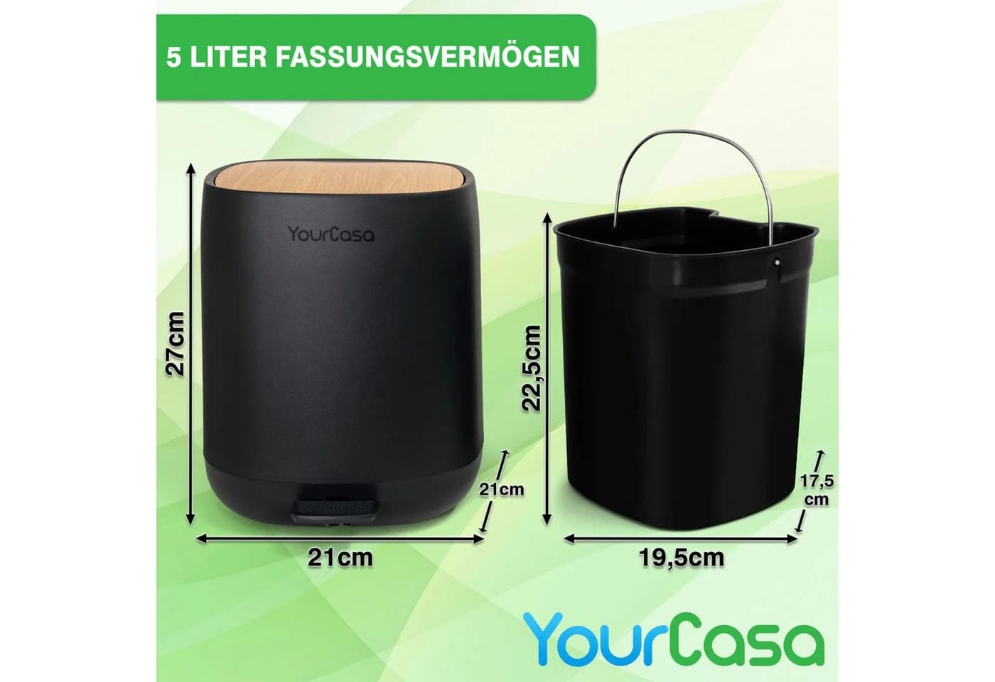 YourCasa Mülleimer Bad 5L Schwarz Kunststoff Weizenstroh - Bild 4