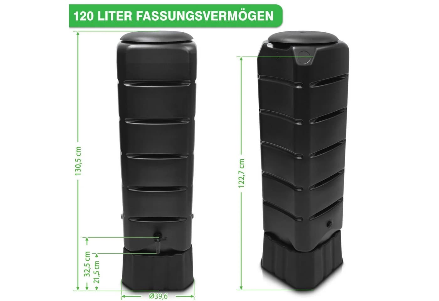 YourCasa Regentonne 120L Schmal Schwarz mit Standfuß - Bild 3