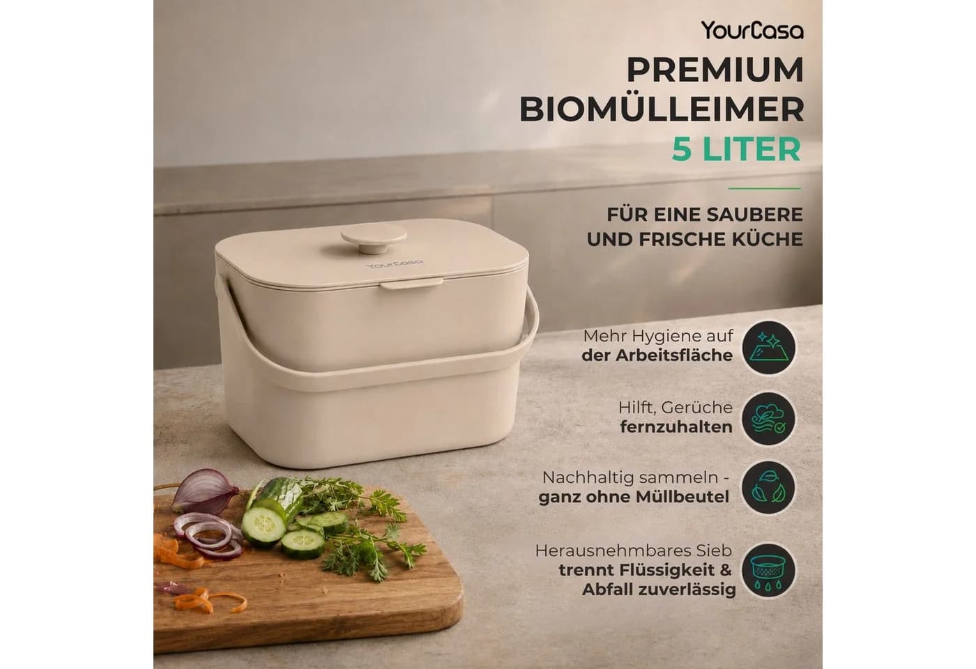 YourCasa Biomülleimer Küche 5L Spülmaschinenfest mit Sieb