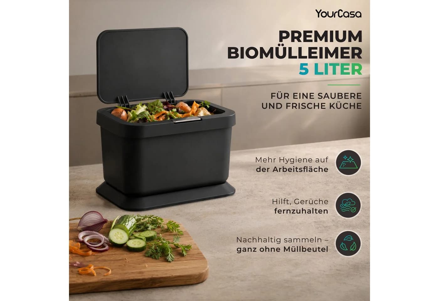 YourCasa Biomülleimer Küche 5L Schwarz mit Knopfdruck-Mechanismus