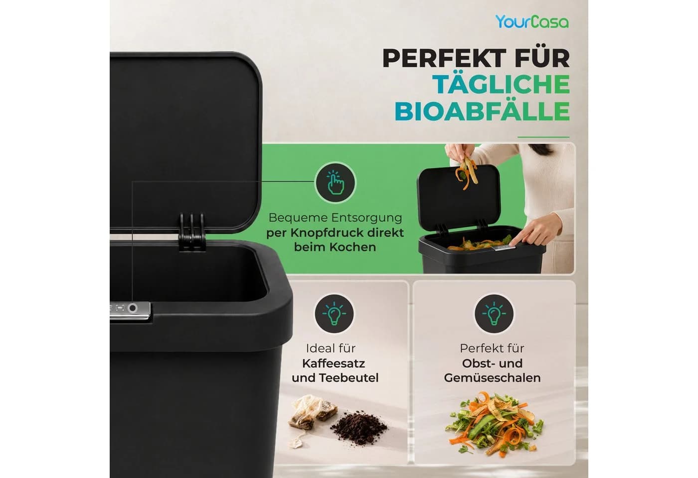YourCasa Biomülleimer Küche 5L Knopfdruck Creme - Bild 4