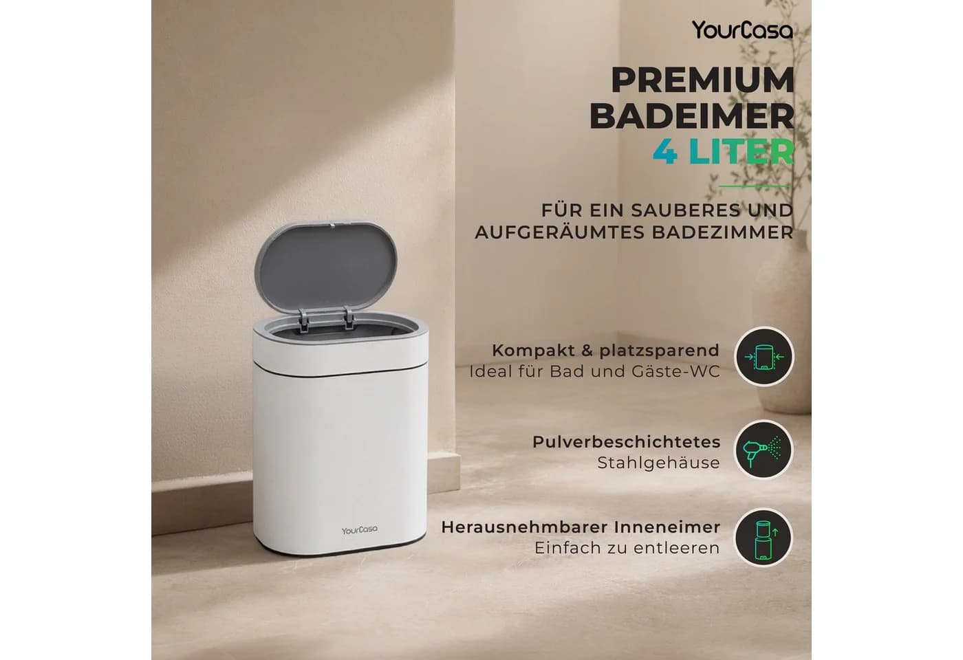 YourCasa Mülleimer Badezimmer 4L mit Push-Deckel und herausnehmbarem Inneneimer