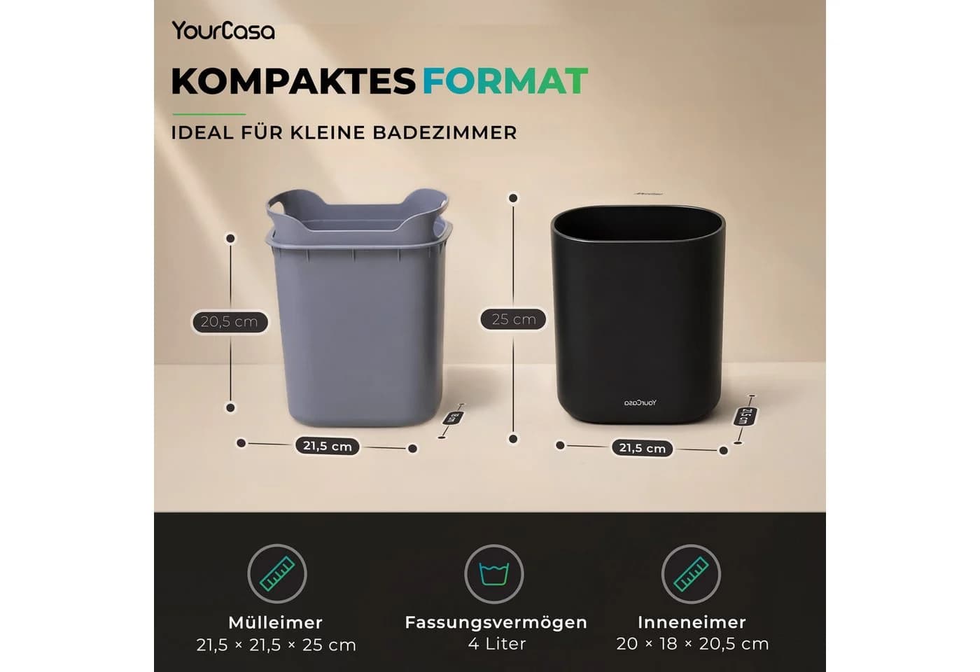 YourCasa Mülleimer Badezimmer 4L mit Push-Deckel und herausnehmbarem Inneneimer - Bild 5