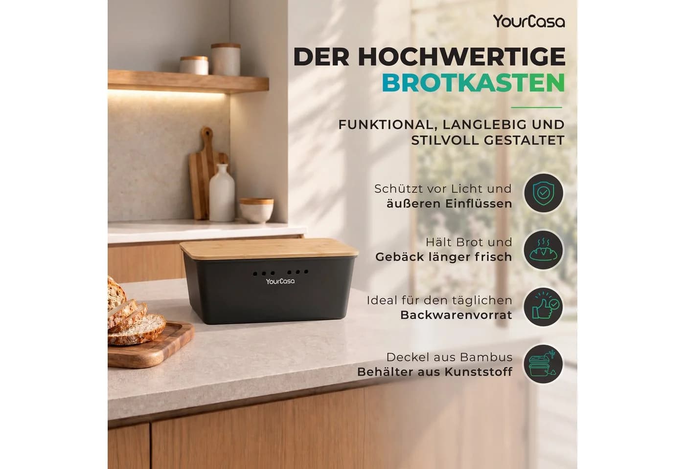 YourCasa Brotkasten Ecobox mit Bambusdeckel als Schneidebrett