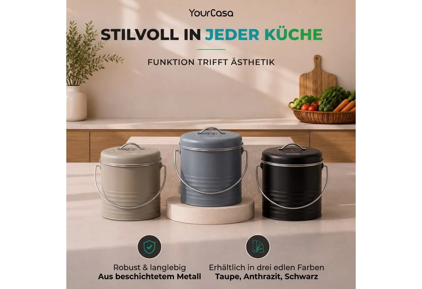 YourCasa Biomülleimer Kora 4L Metall mit Aktivkohlefilter