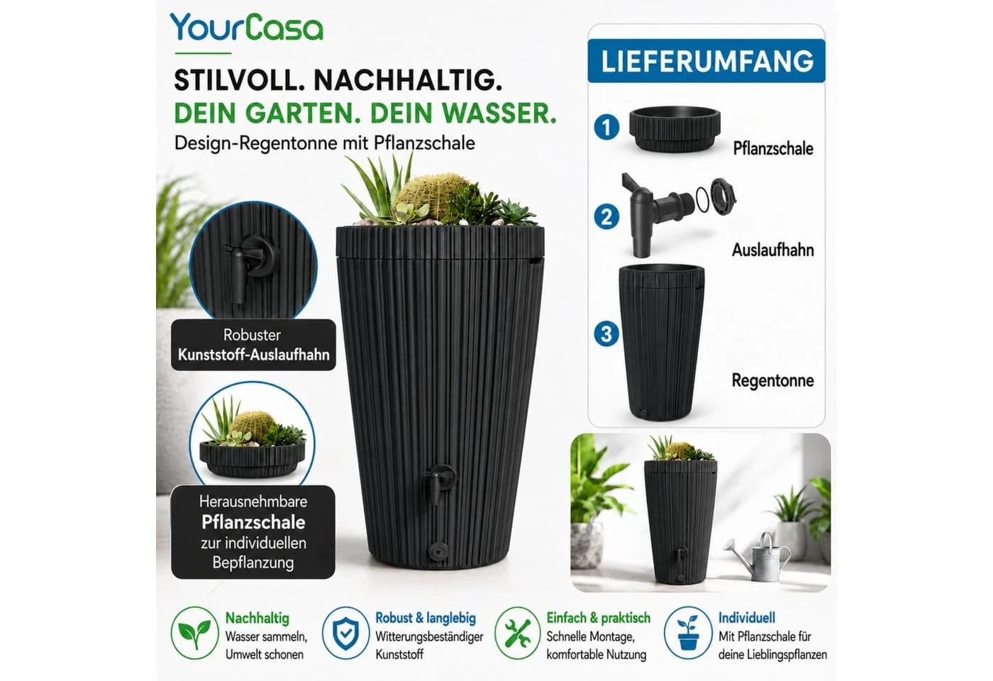 YourCasa Regentonne 210 Liter EcoVase Anthrazit