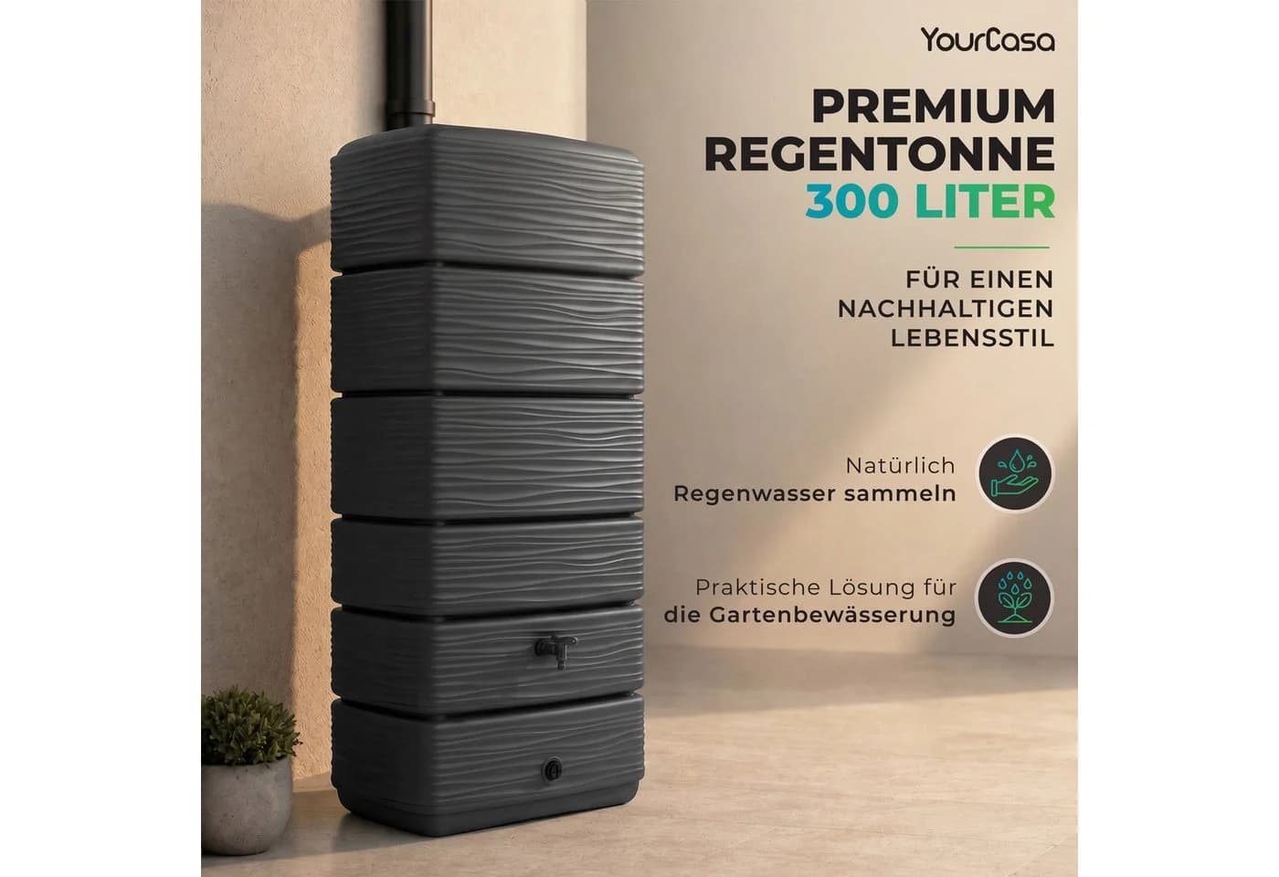 YourCasa Regentonne AquaWall 300 Liter Anthrazit mit Regensammler Set - Bild 3