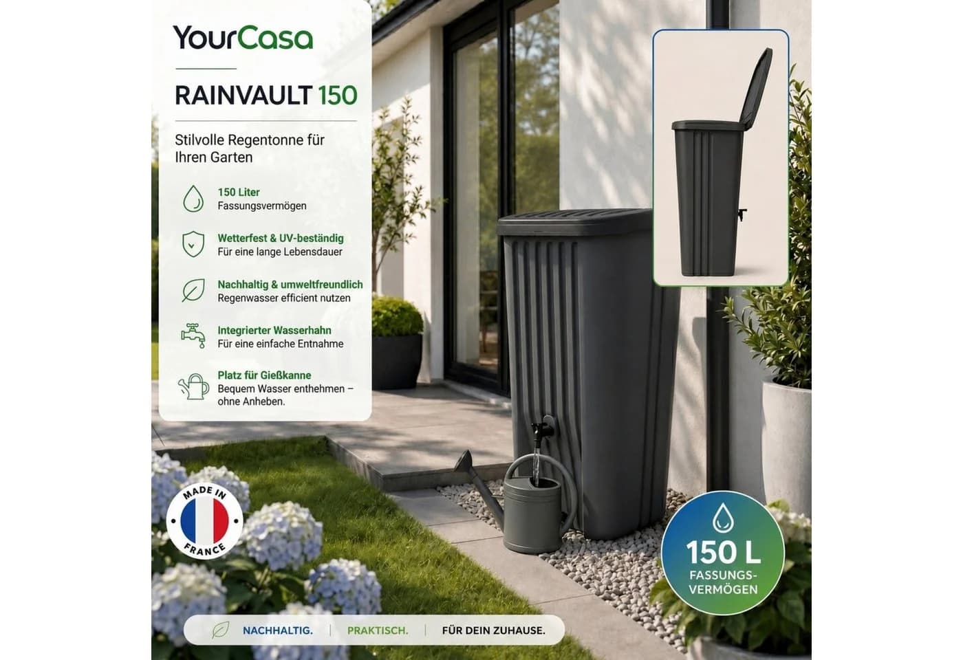 YourCasa Regentonne Cascade 150L Anthrazit mit Hahn - Bild 3