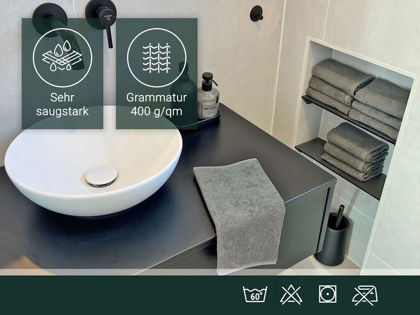 ZOLLNER Gästehandtücher Walkfrottier Grau 100% Baumwolle