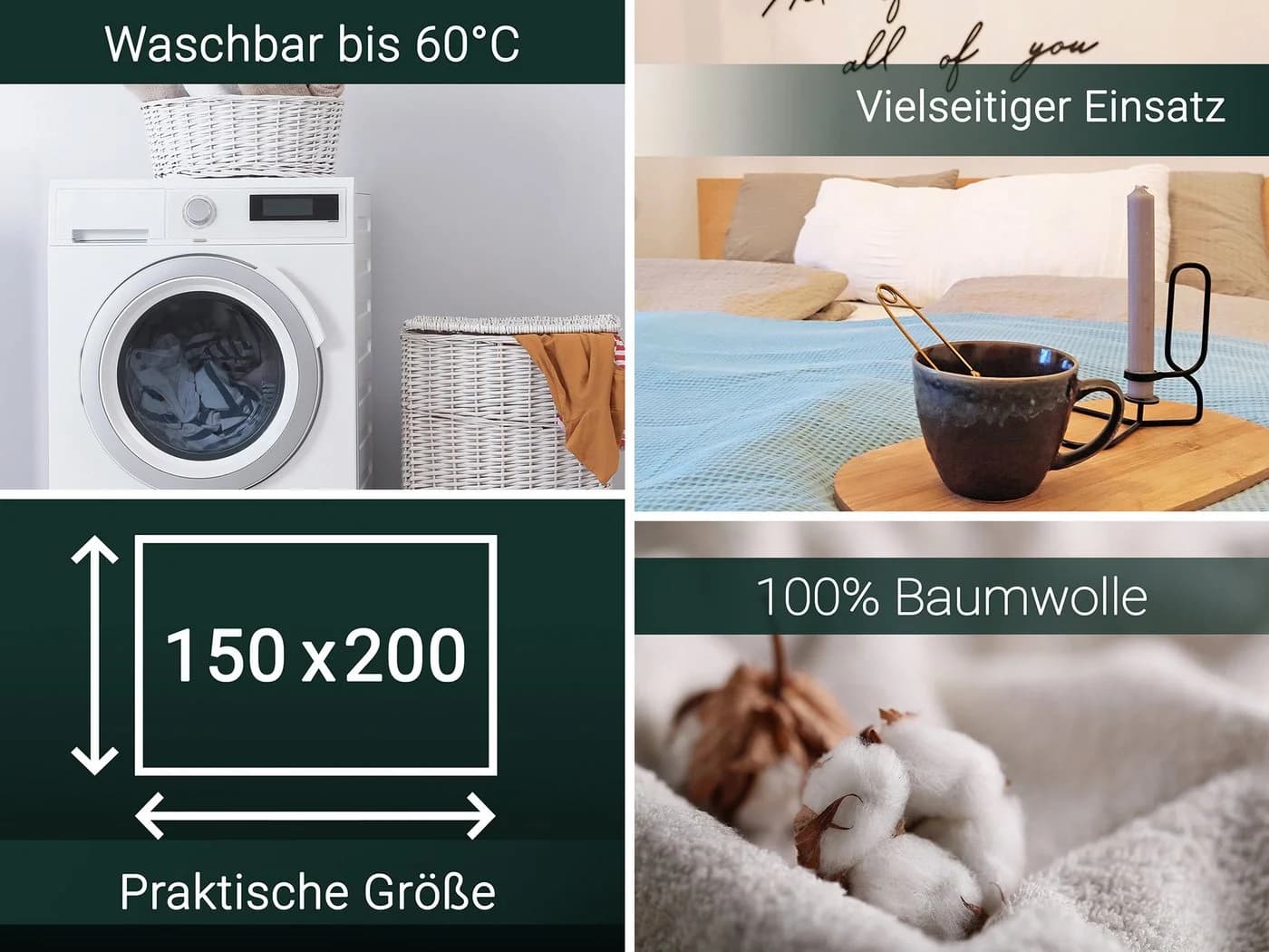 ZOLLNER Wohndecke 150x200 cm 100% Baumwolle Hellblau