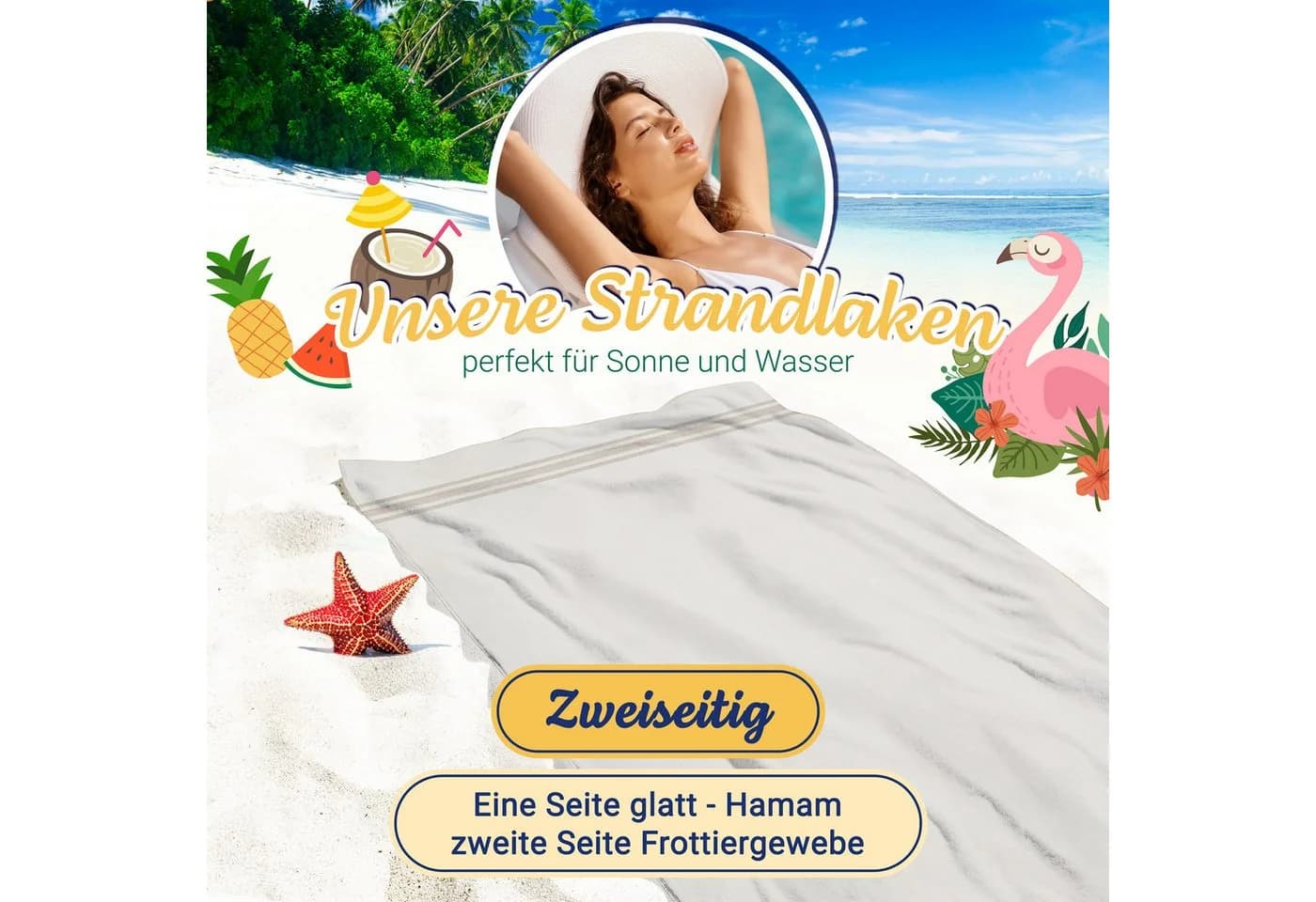 ZOLLNER Strandtuch 70x180 cm 100% Baumwolle Beige Gestreift - Bild 3