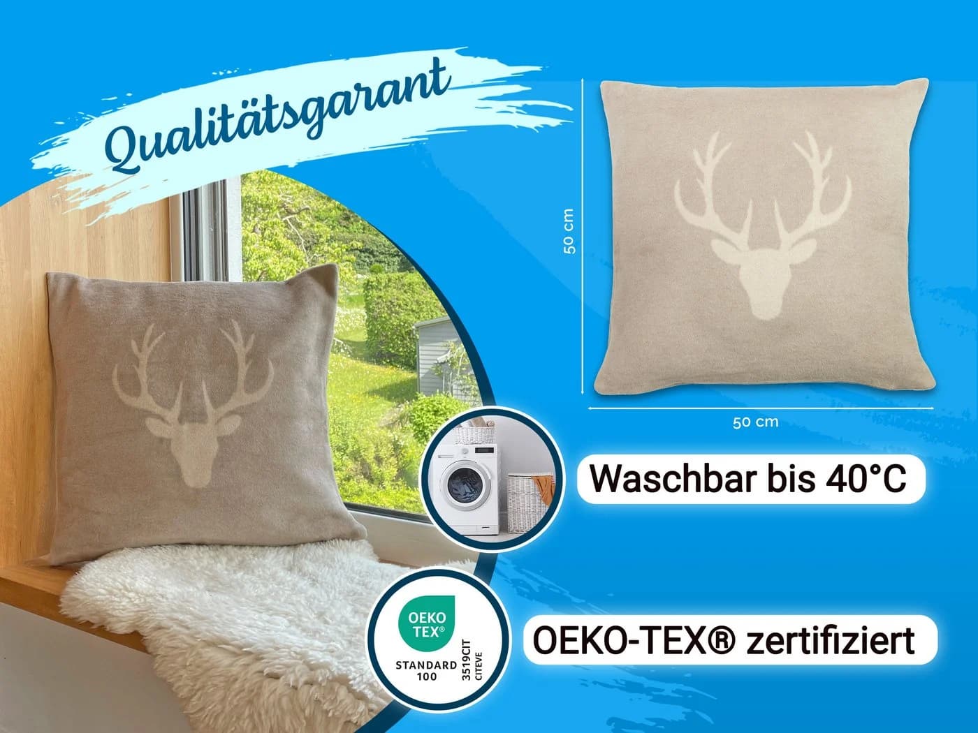 ZOLLNER Kissenbezug 2er Set 50x50cm Baumwolle Polyacryl Beige