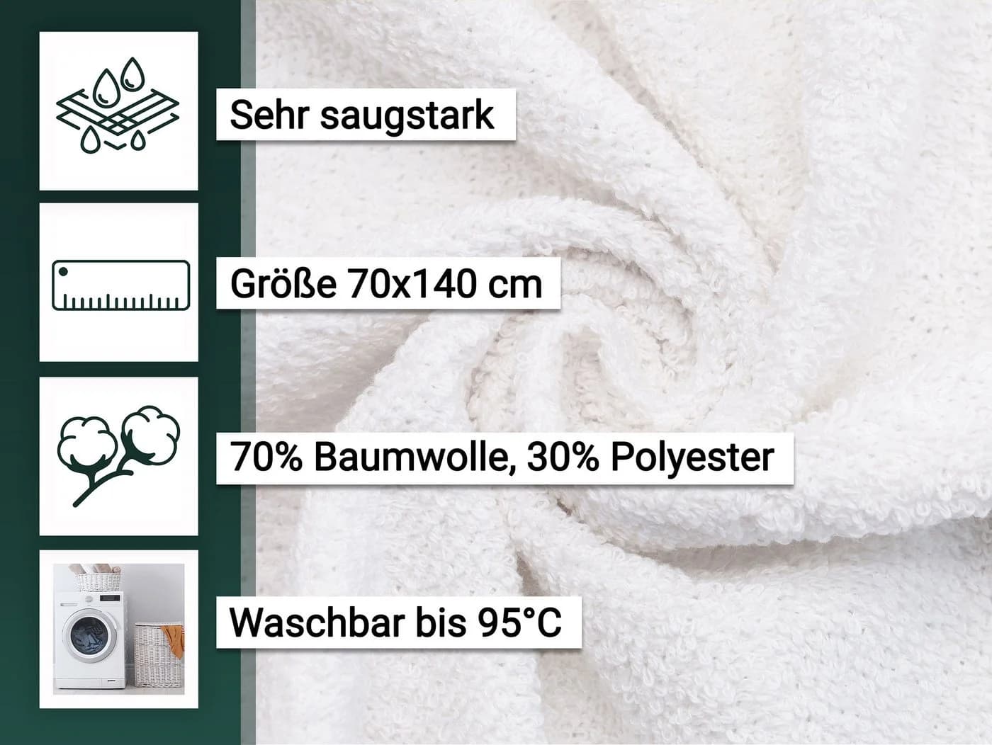 ZOLLNER Duschtuch 70x140 cm Weiß 70% Baumwolle 30% Polyester - Bild 4