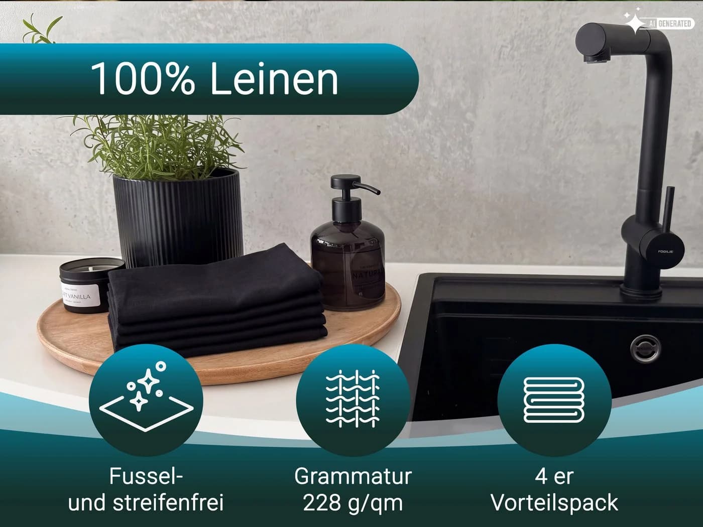 ZOLLNER Geschirrtuch Set 4-tlg Schwarz 100% Leinen