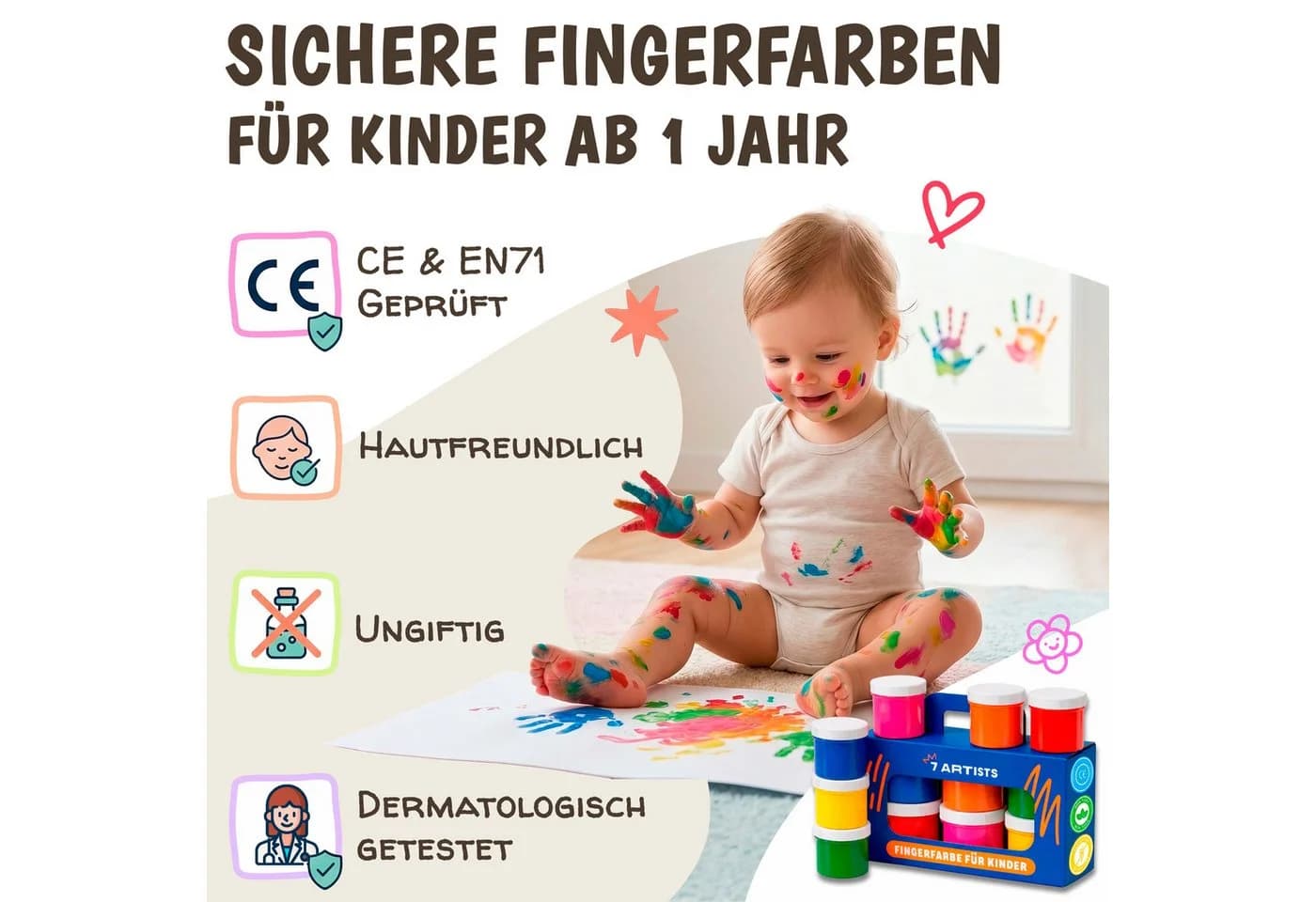 7 Artists Fingerfarben Kinder Set 6x60ml - Bunte Gouachefarben abwaschbar