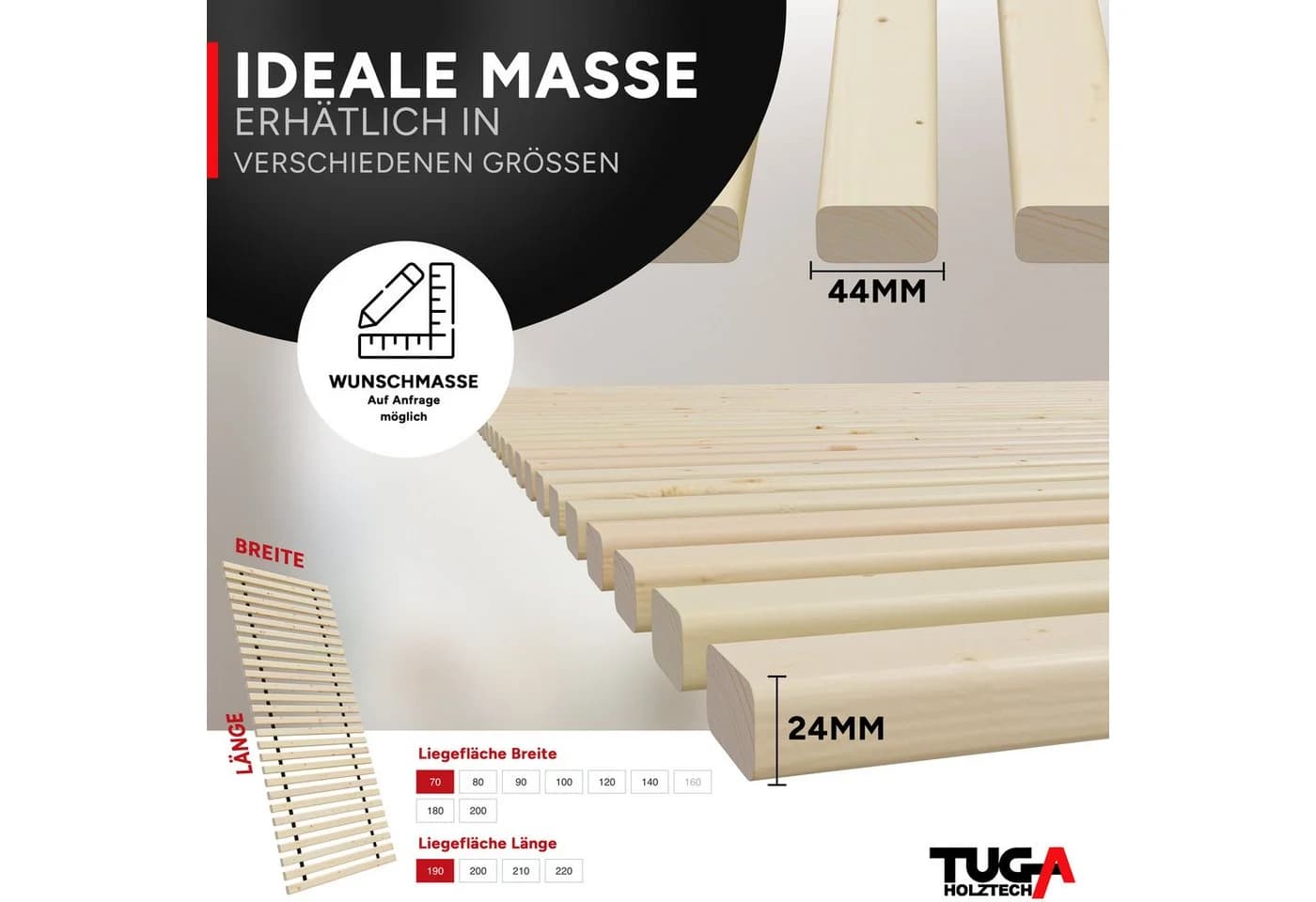 TUGA-Holztech Rollrost Lattenrost 24mm Massivholz 300kg Flächenlast - Bild 3
