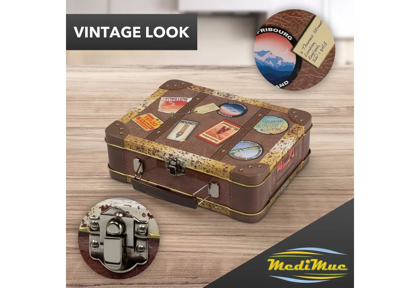 MediMuc Keksdose Reisekoffer Vintage Bunt mit Henkel