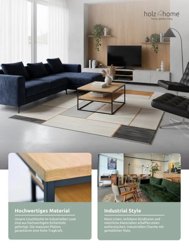 holz4home Couchtisch Beistelltisch Eichenholz Massivholz mit zwei Ablagen - Bild 5