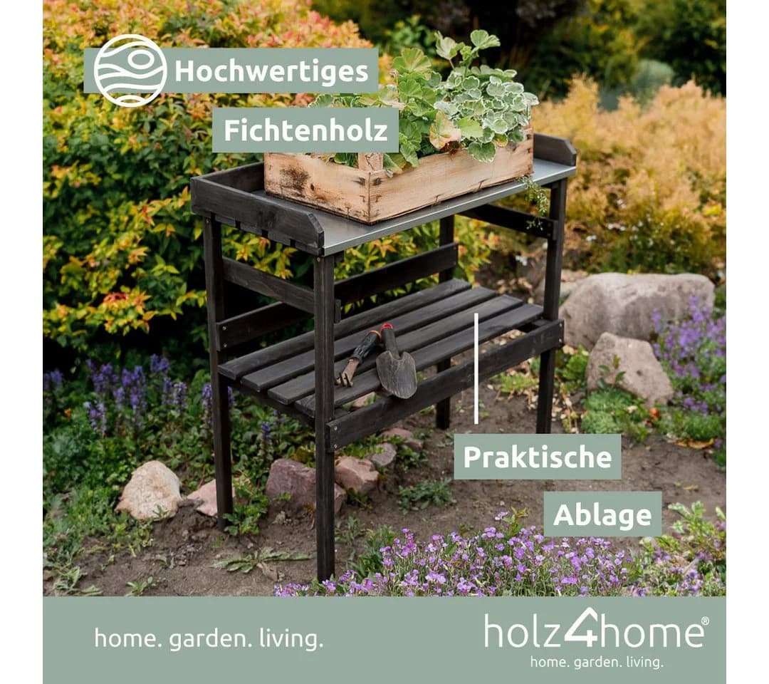 holz4home Pflanztisch Gartentisch aus Holz mit verzinkter Arbeitsplatte Schwarz