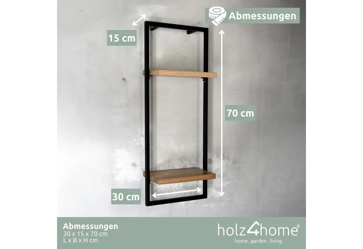 holz4home® Wandregal Eiche Hellgrau Metallrahmen Schwarz Industrial - Bild 3