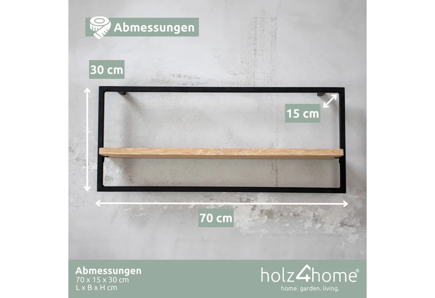 holz4home® Wandregal Eiche Hellgrau Metallrahmen Schwarz Industrial - Bild 4