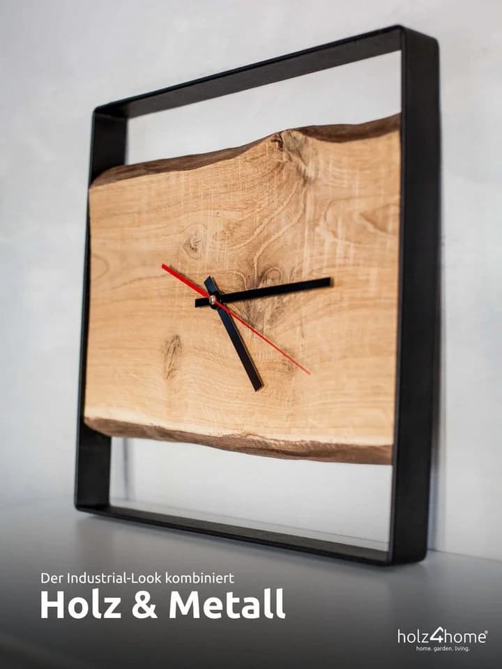 holz4home® Wanduhr Eichenholz Quadratisch Stahlrahmen Schwarz - Bild 5