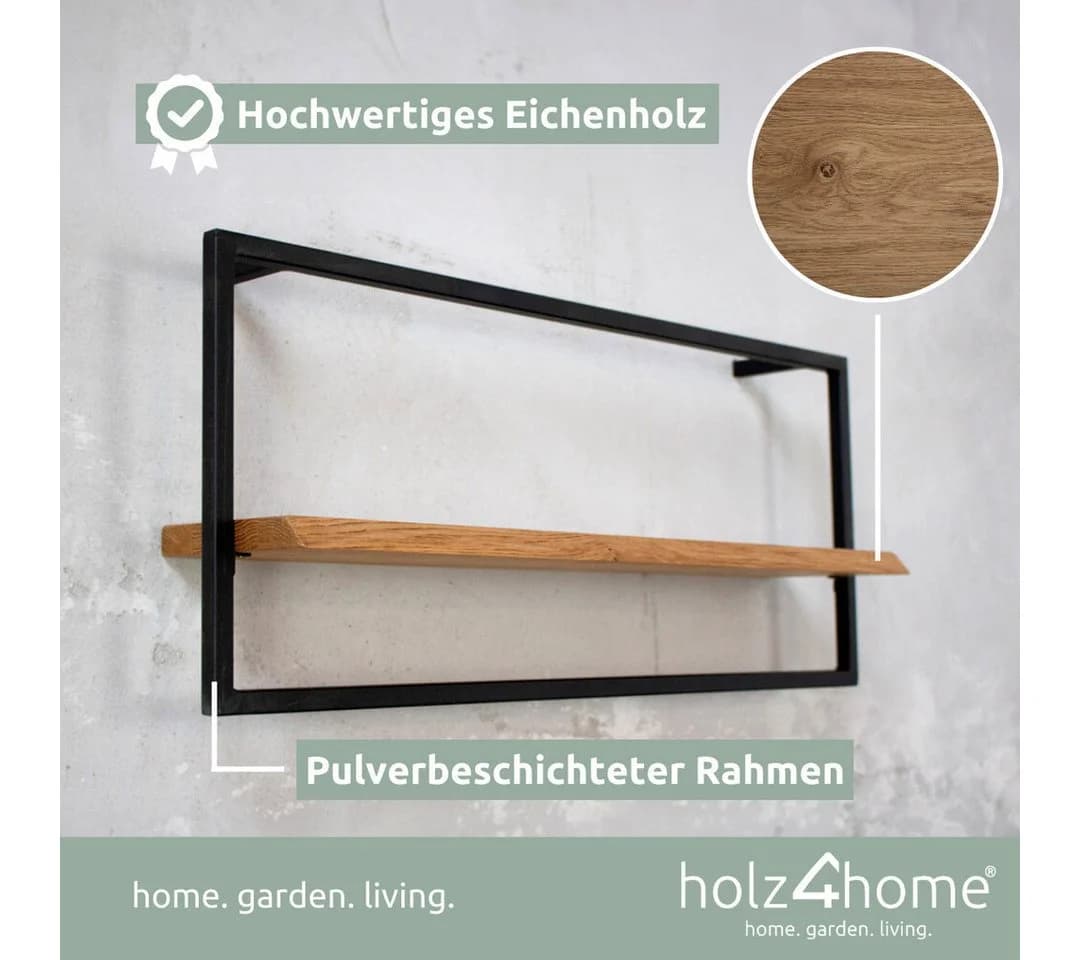 holz4home® Wandregal Eiche Natur mit Metallrahmen Schwarz