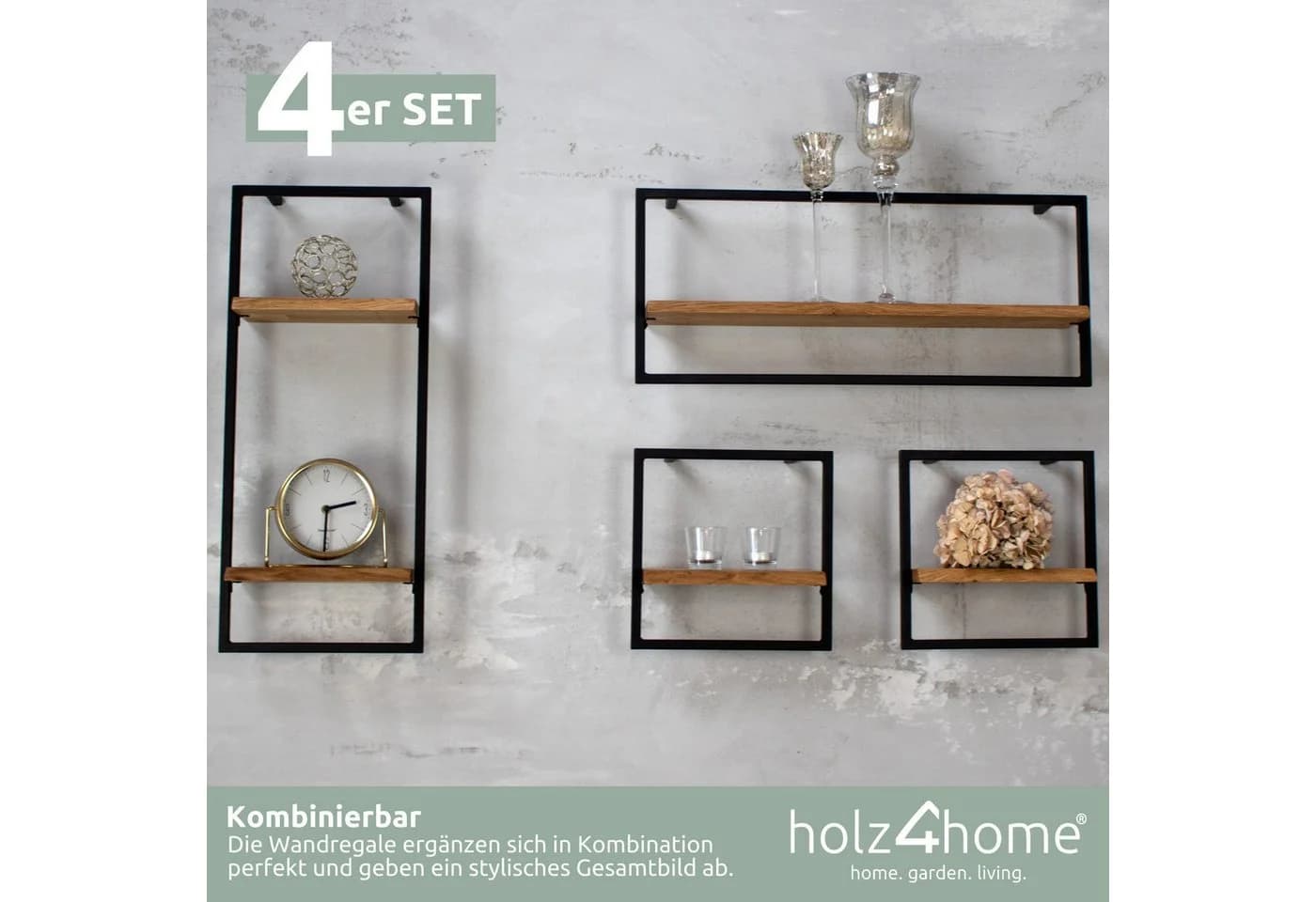 holz4home® Wandregal Natur Eiche Metallrahmen Schwarz Industrial Schweberegal