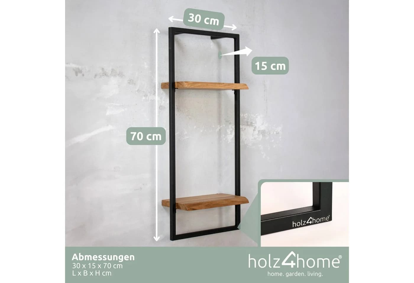 holz4home® Wandregal Natur Eiche Metallrahmen Schwarz Industrial Schweberegal - Bild 3