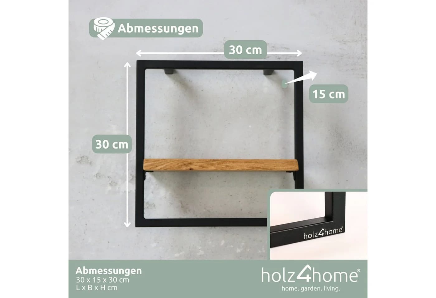 holz4home® Wandregal Natur Eiche Metallrahmen Schwarz Industrial Schweberegal - Bild 4