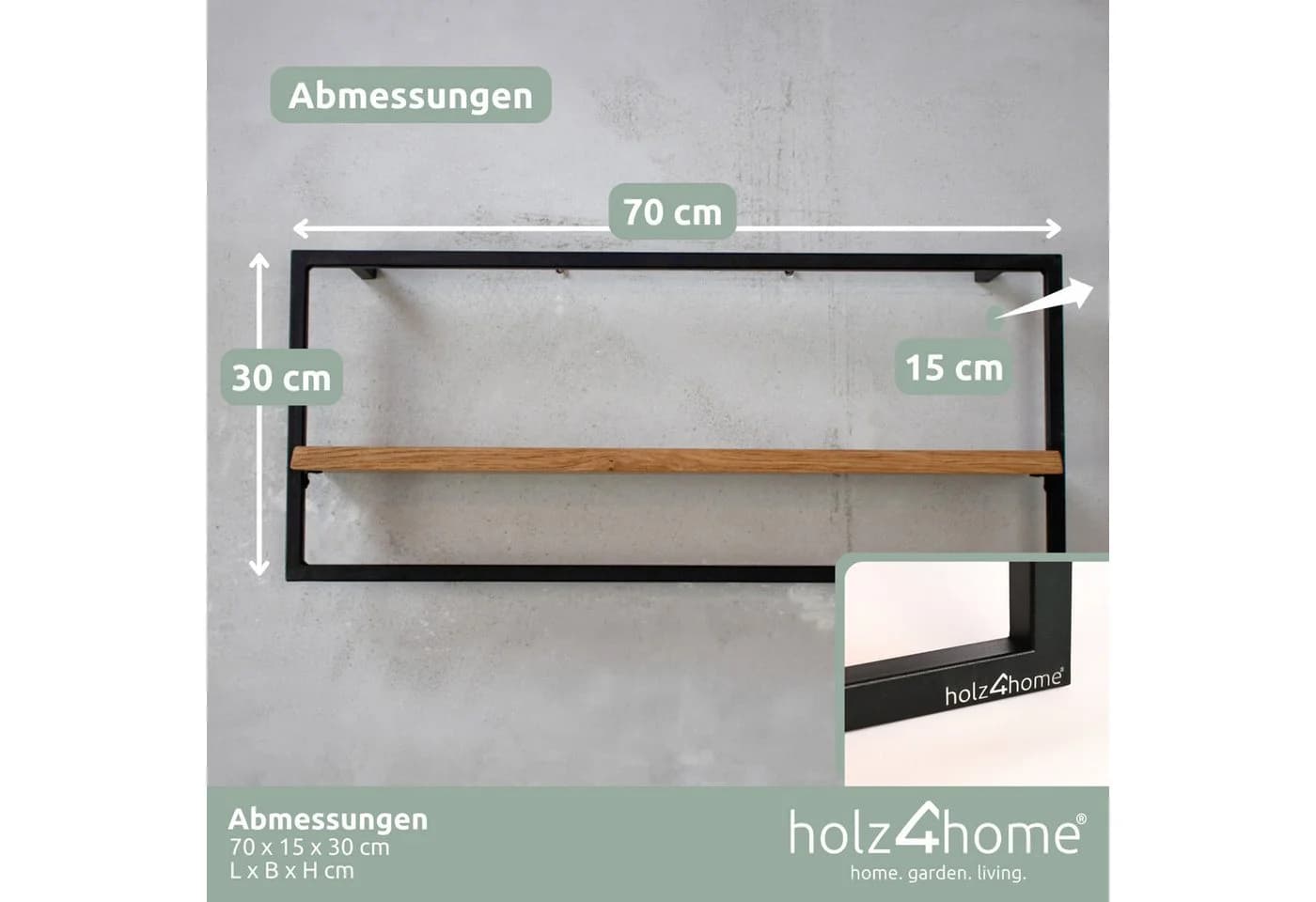 holz4home® Wandregal Natur Eiche Metallrahmen Schwarz Industrial Schweberegal - Bild 5