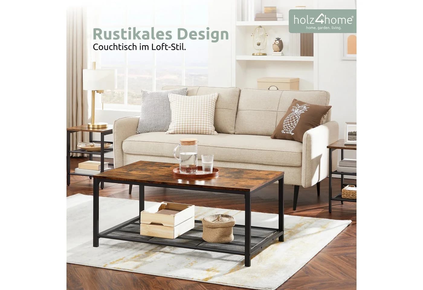 holz4home® Couchtisch Connie Braun Industrial Look mit Gitterablage