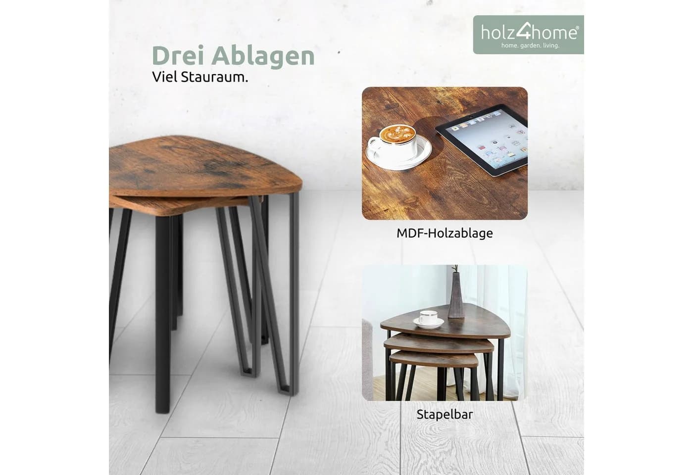 holz4home® Couchtisch Radon 3er Set Beistelltische Industrial-Look Braun - Bild 3