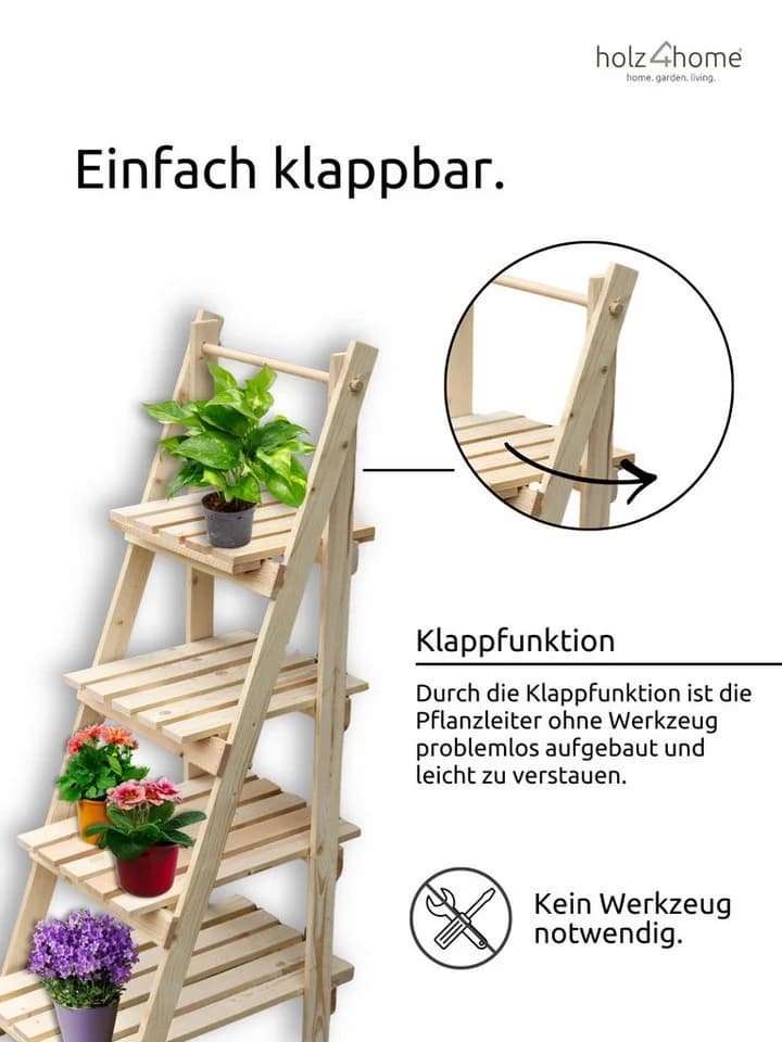 holz4home® Pflanzentreppe mit 4 Ablagen aus Tannenholz, Klappbar - Bild 5