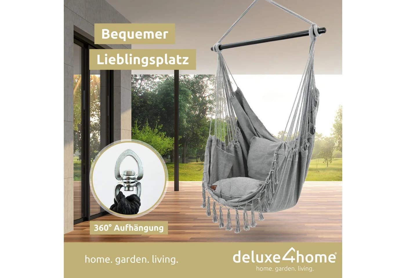 deluxe4home Hängesessel mit Kissen & Decke - Grau Indoor/Outdoor