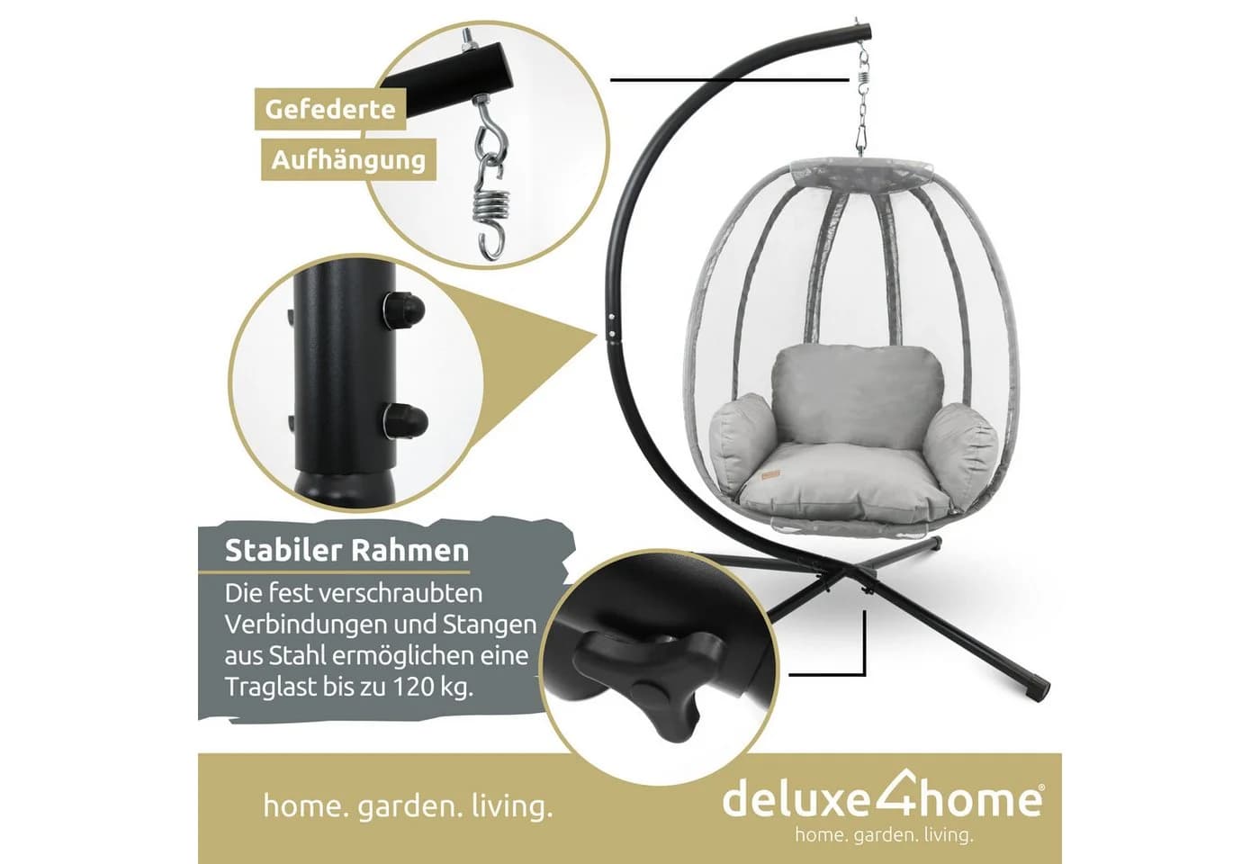 deluxe4home Hängesessel mit Gestell Grau/Anthrazit inkl. Kuscheldecke