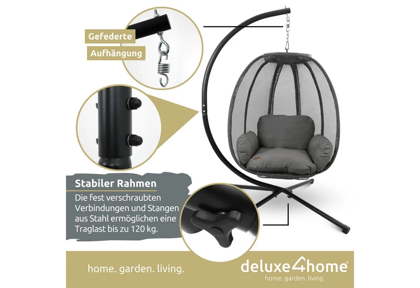 deluxe4home Hängesessel mit Gestell Grau Anthrazit inkl. Kuscheldecke