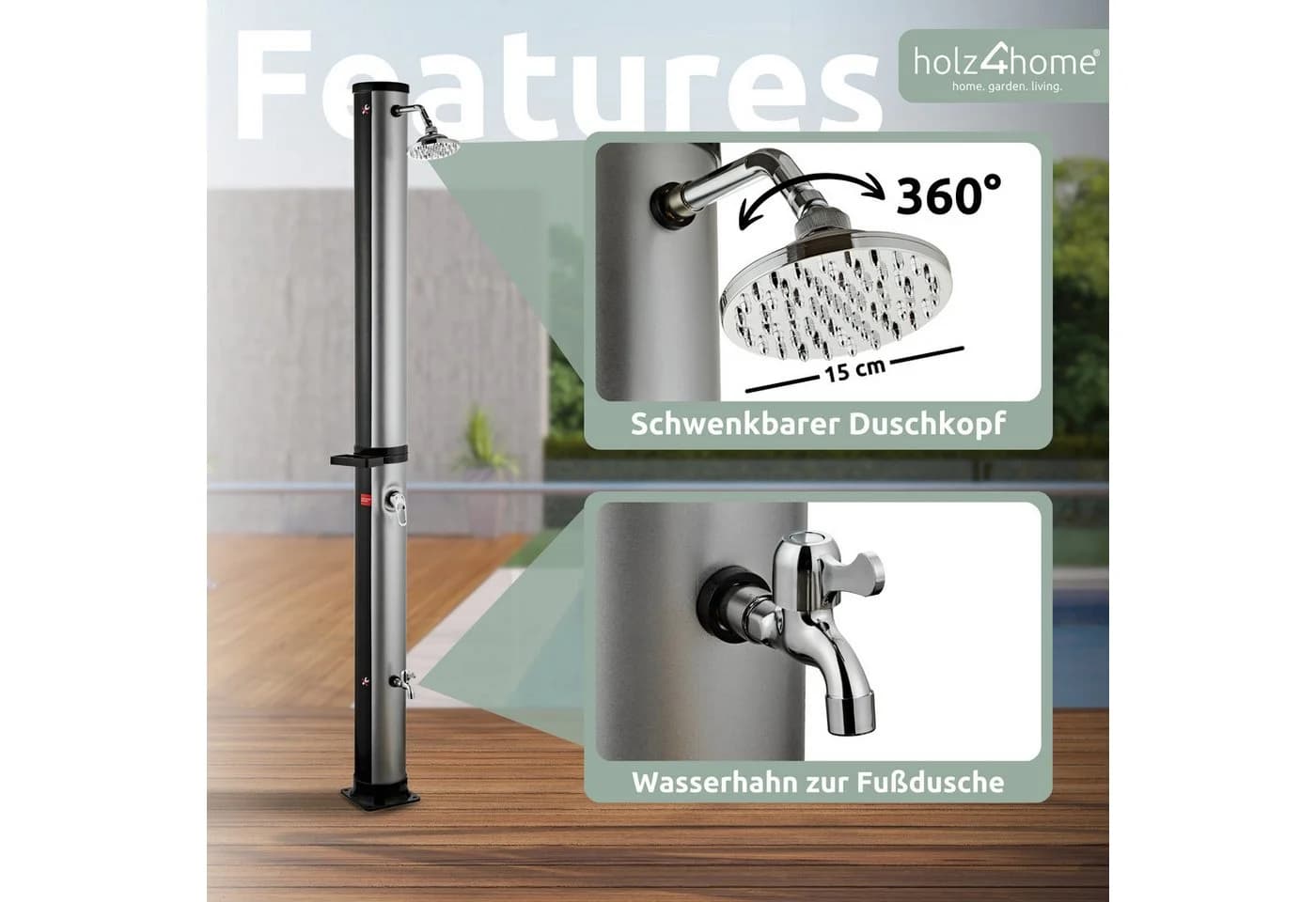 holz4home® Solardusche Gartendusche mit Temperaturregler und Fußdusche - Bild 5