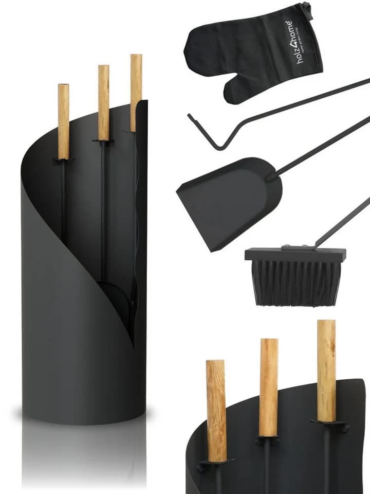 holz4home® Kamingarnitur 5-tlg. Grauschwarz mit Holzgriff & Ofenhandschuh - Bild 2