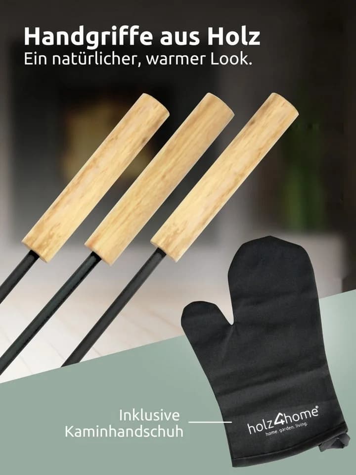 holz4home® Kamingarnitur 5-tlg. Grauschwarz mit Holzgriff & Ofenhandschuh - Bild 4