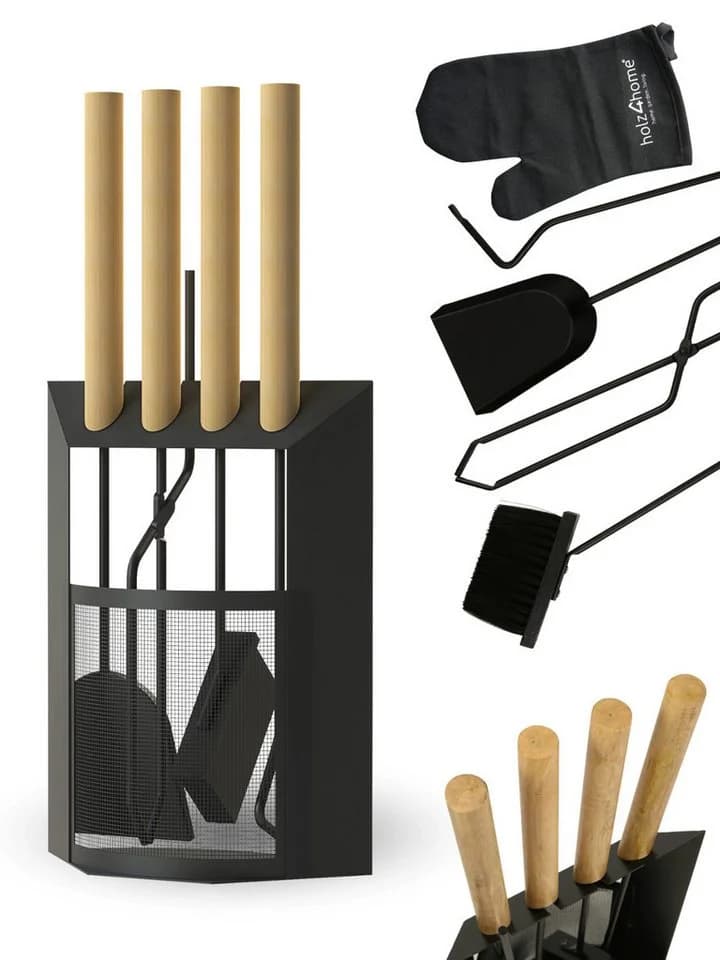 holz4home® Kamingarnitur Kaminbesteck 6-tlg. Schwarz mit Holzgriff inkl. Ofenhandschuh - Bild 2