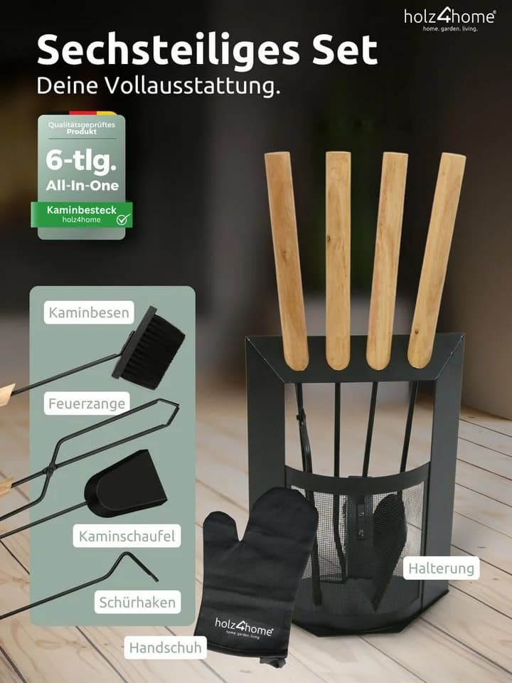 holz4home® Kamingarnitur Kaminbesteck 6-tlg. Schwarz mit Holzgriff inkl. Ofenhandschuh - Bild 3