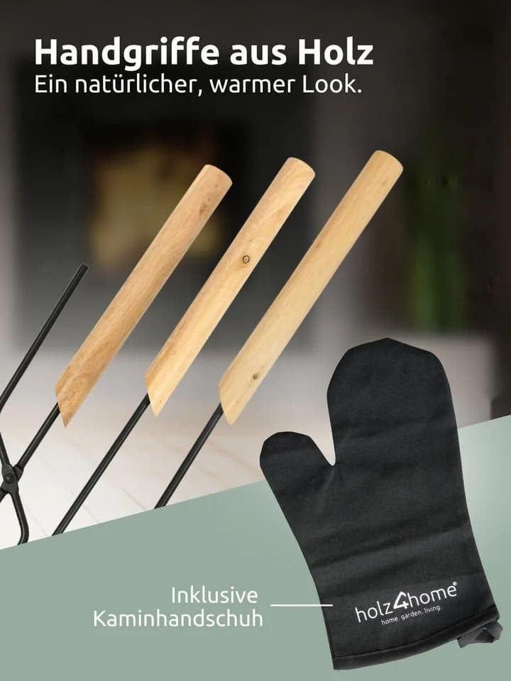 holz4home® Kamingarnitur Kaminbesteck 6-tlg. Schwarz mit Holzgriff inkl. Ofenhandschuh - Bild 4